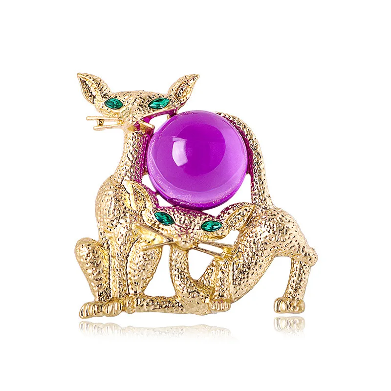 Adorable Jelly Glazed Siamese Cats and Poodle Brooch with Green Rhinestone