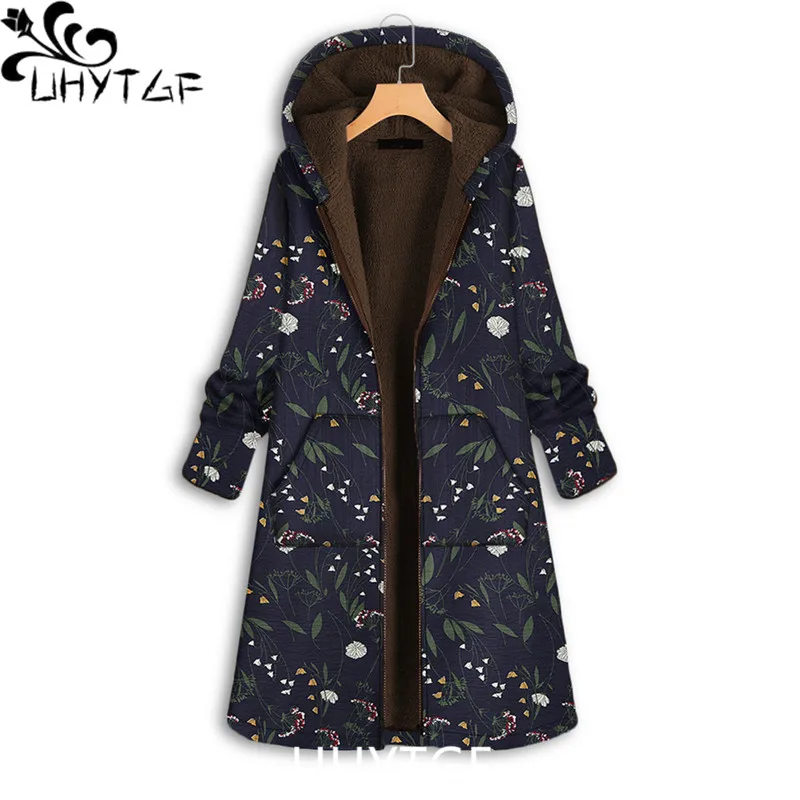 UHYTGF Parker Women Coat Print Mid-Length Autumn Winter Cotton Jacket Female Hooded Casual Warm Ladies 5XL Big Size Outewear 107