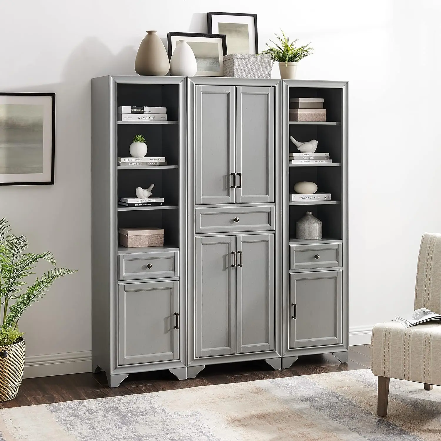 

KF33006GY Tara 3-Piece Pantry Set with Pantry and 2 Linen Cabinets, Distressed Gray