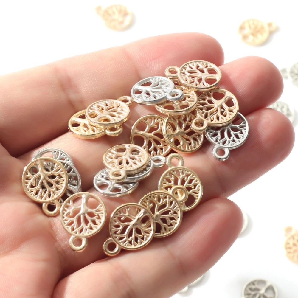 100Pcs 15mm Fashion CCB Plastic Pendant Round Tree Hollow Pendant For Charm Earring Necklace Bracelet DIY Handicrafts Jewelry