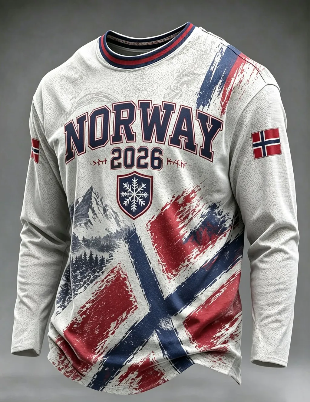 Men's Norway 2026 Mountain Flag Printed Long Sleeve Tee, Straight Cuff Lightweight Quick Dry Casual Sports Shirt