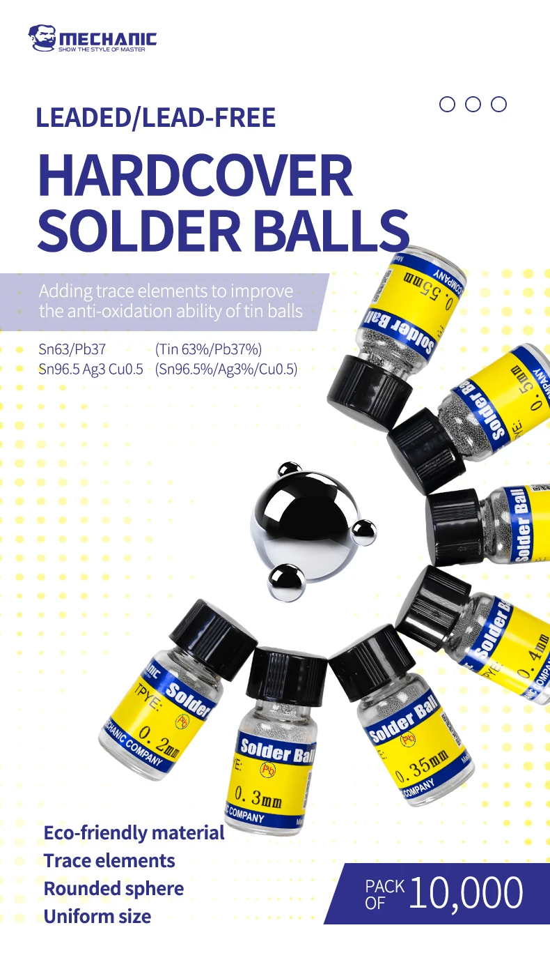 【MECHANIC】 납 솔더 볼 0.2-0.76mm, PCB/IC 칩 수리, 휴대폰 및 마이크로 용접 도구용 10000개 BGA Reballing 키트