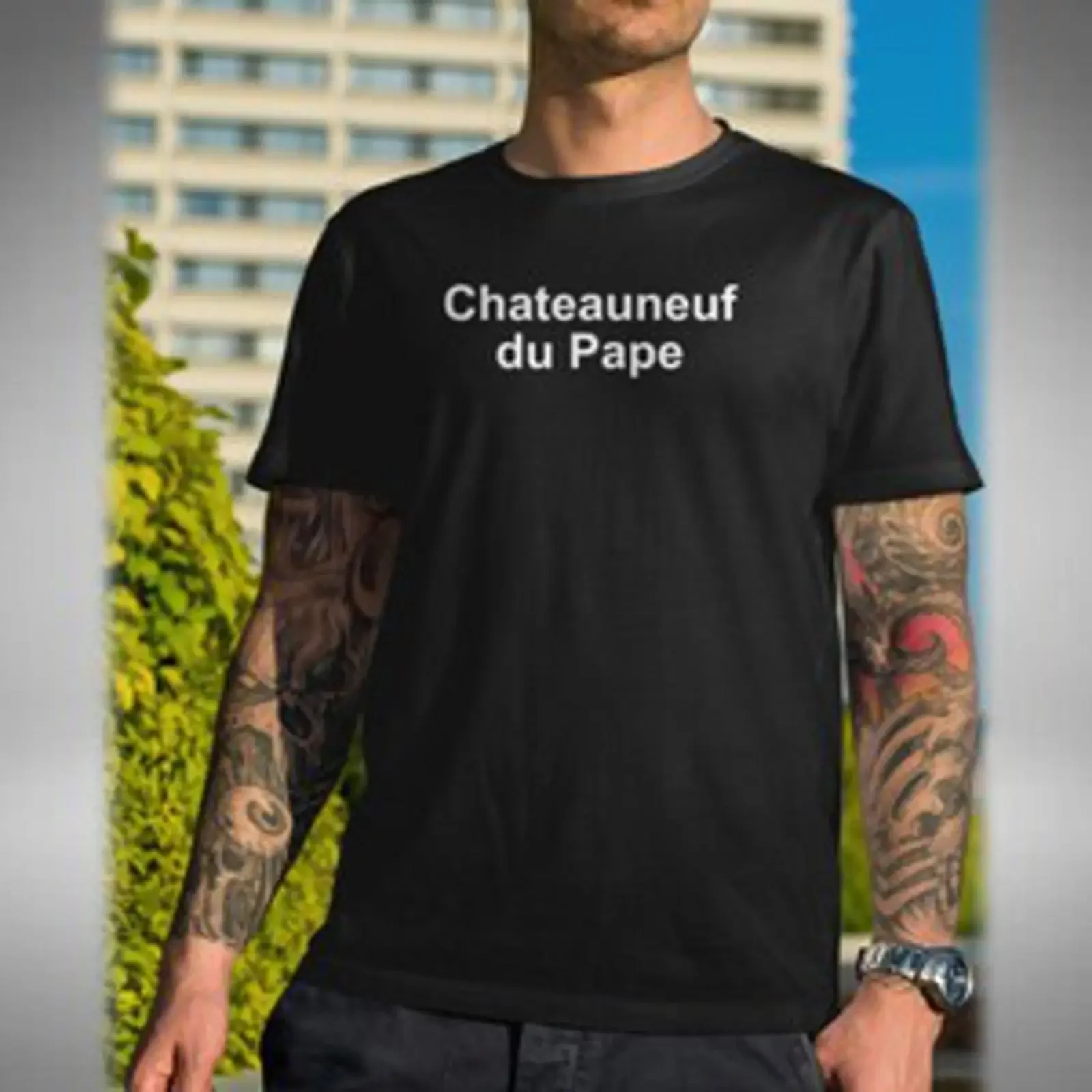 Camiseta Chateauneuf du Pape engraçada, inspirada em Del Boy, com estampa de cavalos e outros motivos, estilo vintage, lavada, roupa de grife.