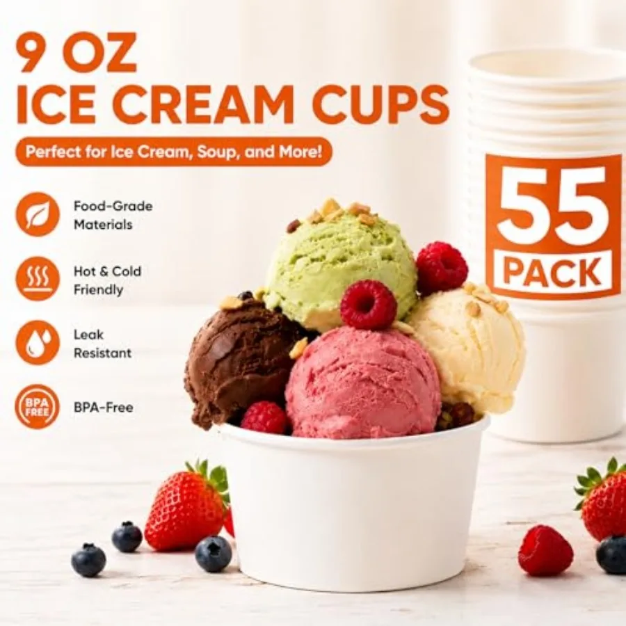 55 Count Disposable Ice Cream Cups 9oz Disposable Soup Cups and Ice Cream Bowls for HotandCold Food, Disposable Bowls for Soup,