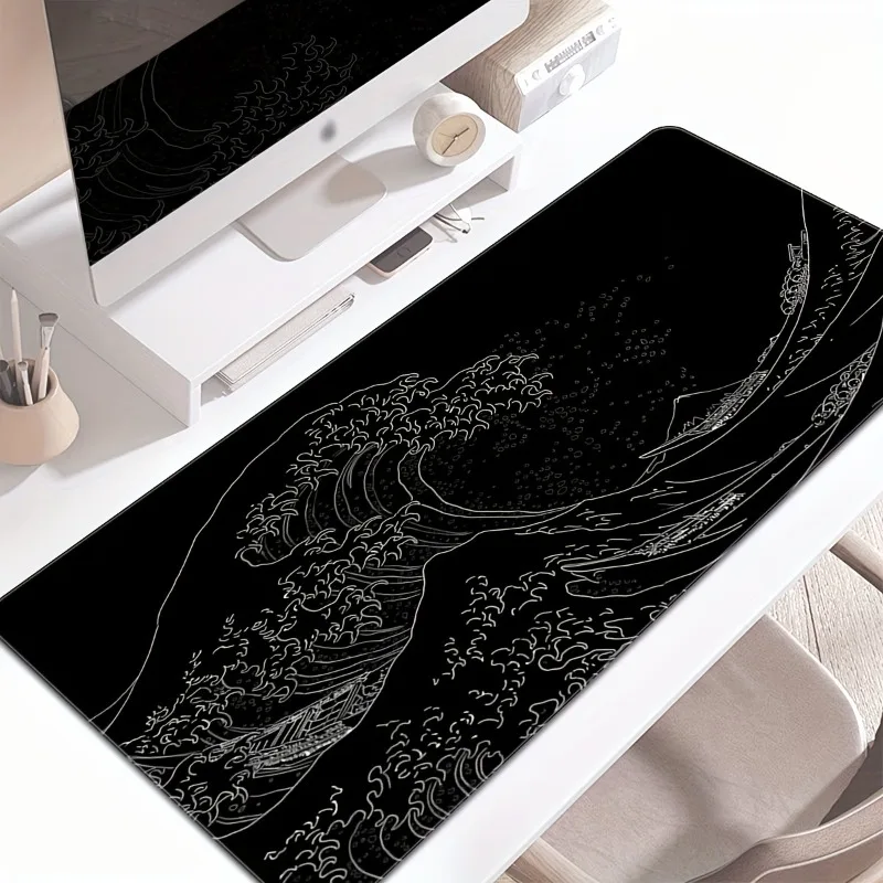 Black and White Japanese Waves Sea Mouse Pad Large Non-Slip Rubber Gaming Mousepad Stitched Edges Keyboard Desk Pads for Office