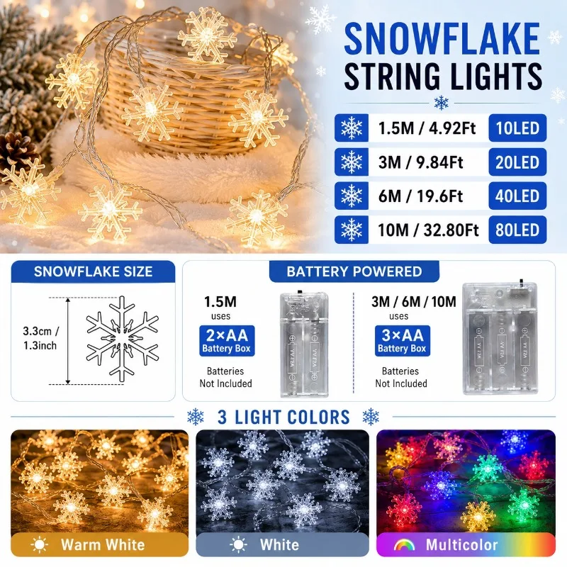 USB Snowflake LED String Lights 10/20/40/80 LED Warm White Color Indoor Christmas New Year Decor Home Window Wall Party Ornament