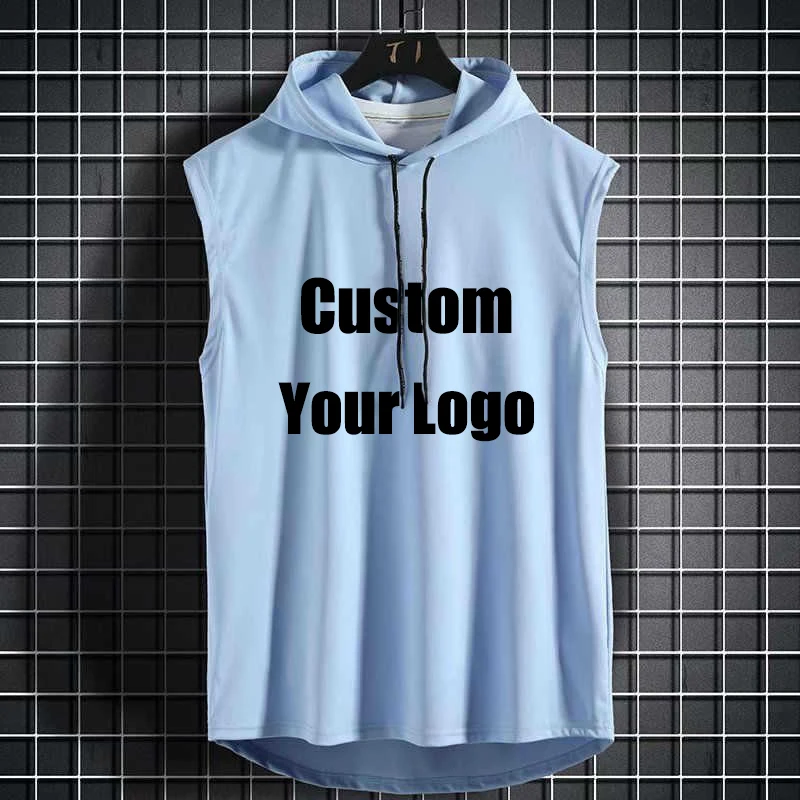 Custom Your Logo Summer Men\'s Sleeveless Vest Casual T-Shirt Hoodie Fitness Muscle Hooded Vest T-Shirt Polyester Breathable Tops