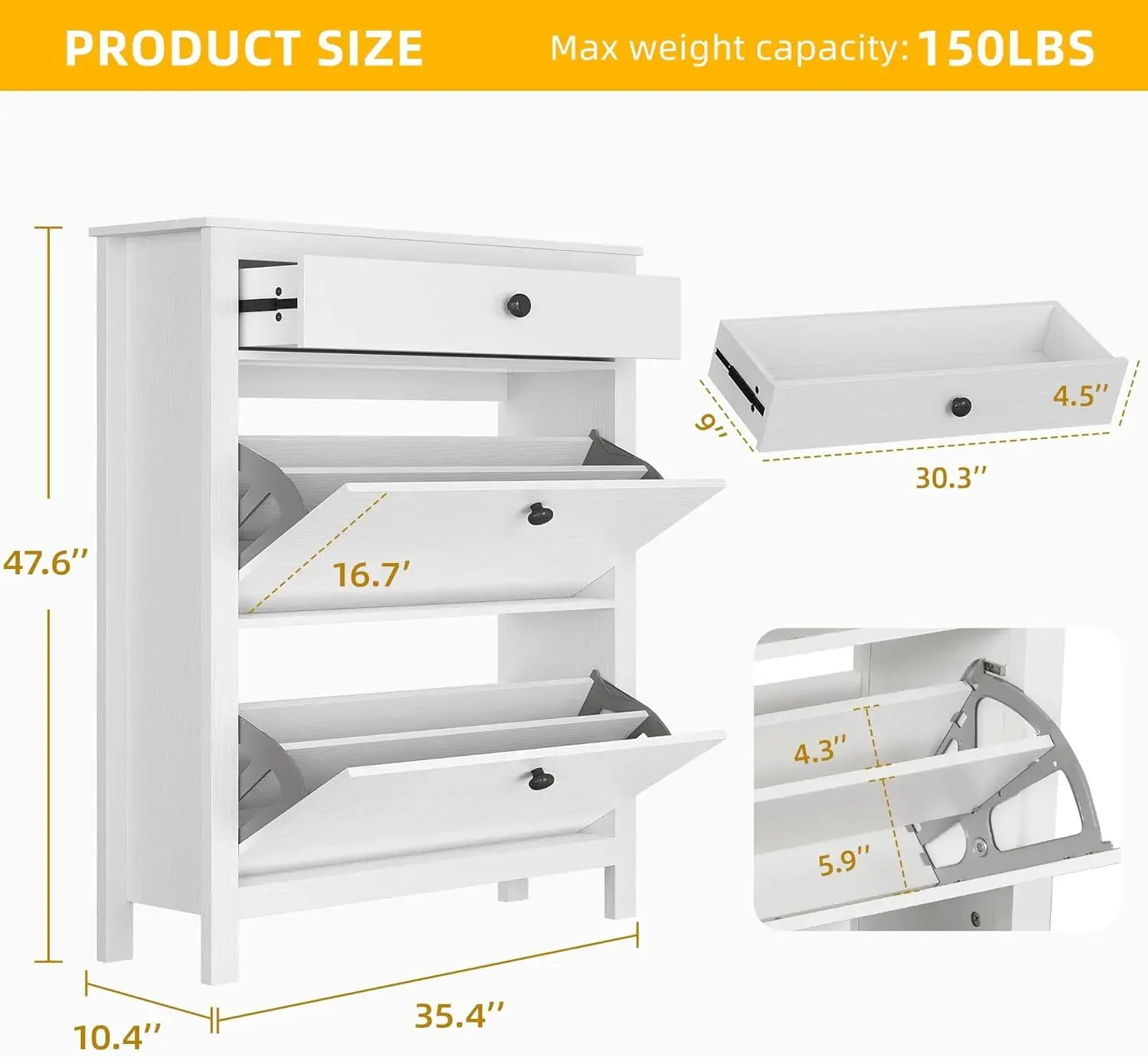 Narrow Shoe Cabinet with 2 Flip Drawer - Slim White Shoe Storage Cabinet With Metal Flip Frame - Adjustable or Removable Hi