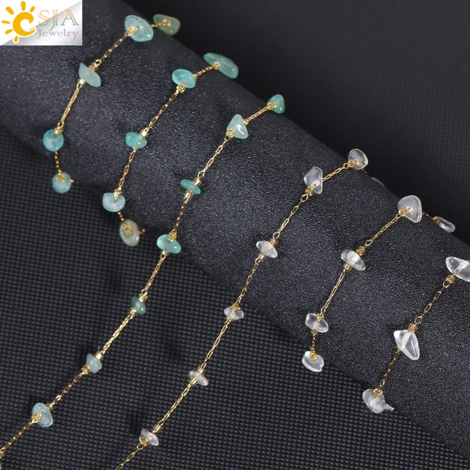 CSJA Natural Chip Bead Necklace Gold Color Stainless Steel Chain Choker Healing Amethysts Tiger Eye Pink Quartz Jewelry H530