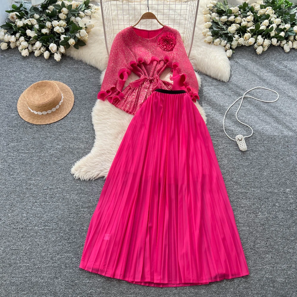 Schickes Vintage dreidimensionales Langarm-Blumenmuster koreanische Mode Herbst Winter Damen Kleidung Kleid Zweiteiliges Set