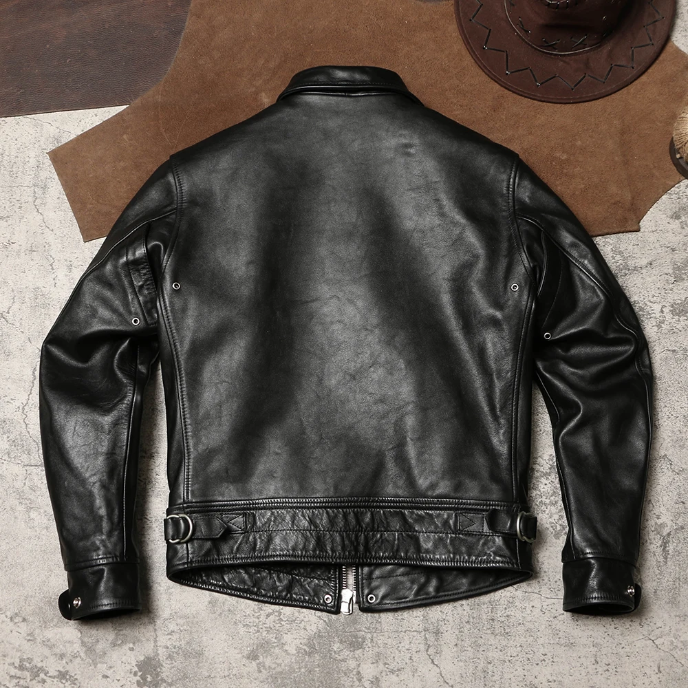 Mulholland Road Vintage Leather Jacket Cropped Slim Fit Leather Jacket with Lapels Hard Horseskin Wooden Box Biker Leather