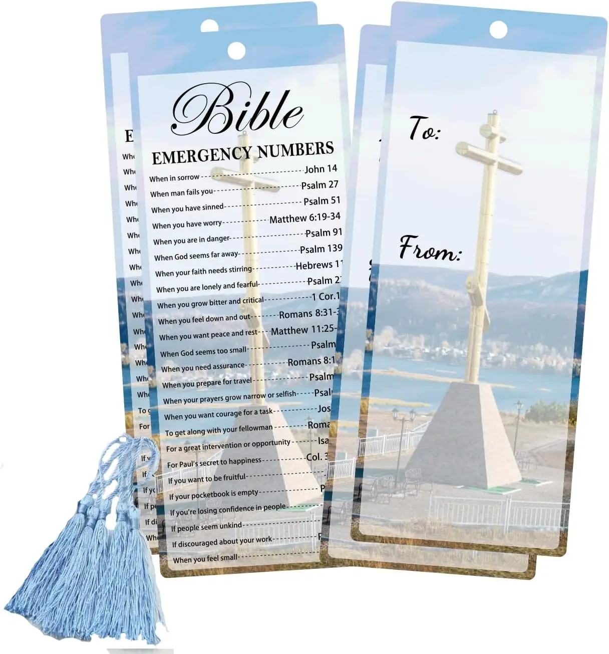 

Christian Bible Emergency Numbers Bookmark Card Bible Verse Cross Inspirational Book Marks with Tassels for Reading Reward 50Pcs