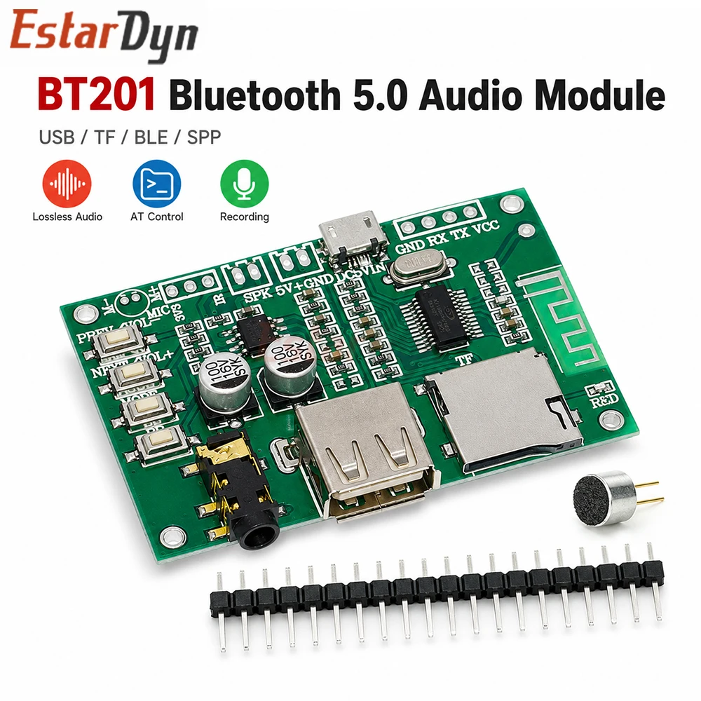 Estardyn BT201 Bluetooth 5.0 Dual Mode Lossless Audio Amplifier Board TF/USB BLE SPP Serial Port Module
