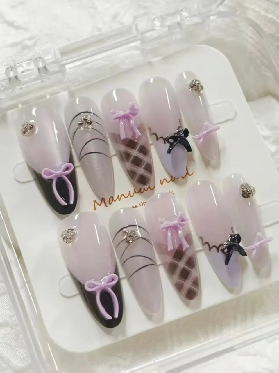 10-Piece Set of Purple-Black Sweet and Cool Lolita Plaid Bowknot Press-On Nails, Light Purple with Pure Black French Tips, Both Sweet and Cool, Full of Lolita Ballet Vibes