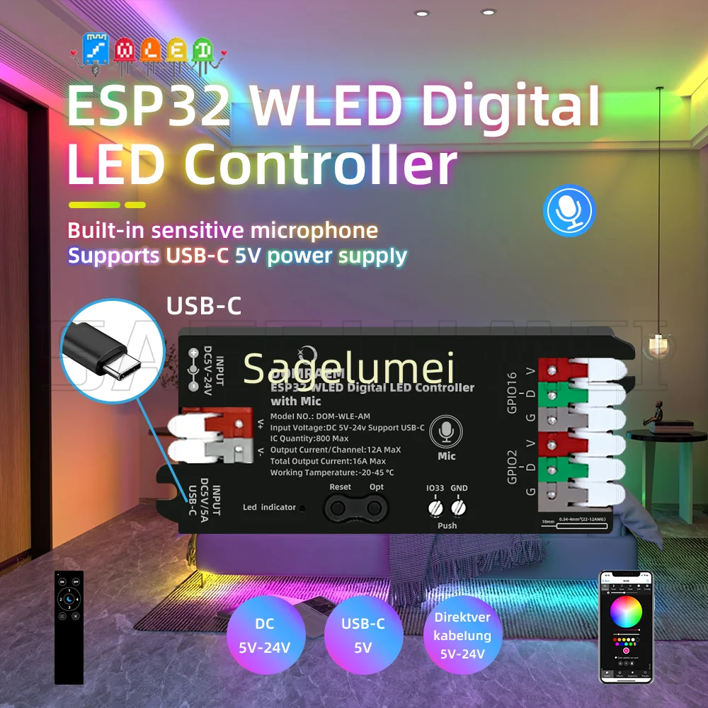 DOMRAEM WLE-AM ESP32 suporta WS2811/2812B/2814/2805etc funciona com HA/MQTT/AlexaWLED Digital LEDstrip controlador com microfone USB-C