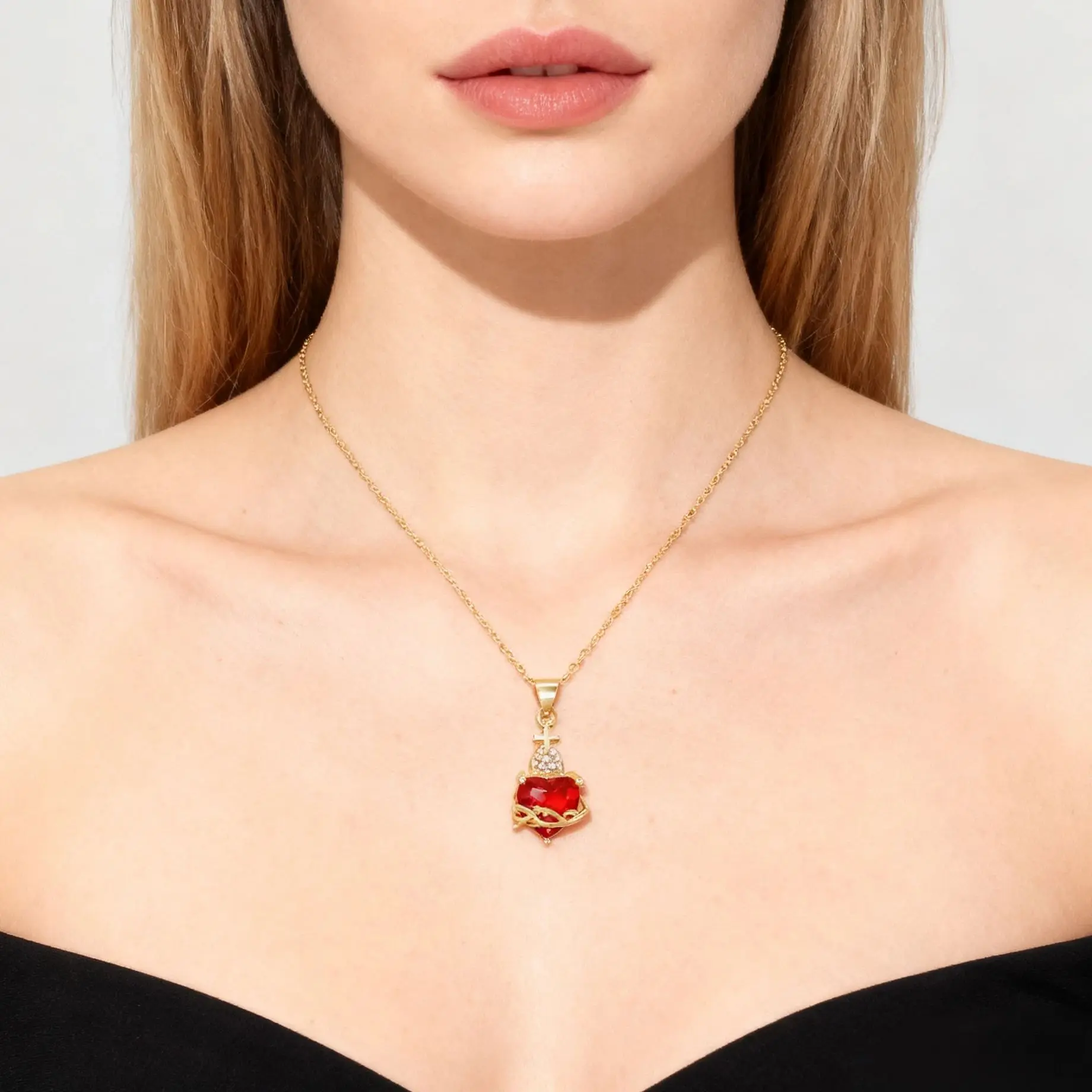SUNSLL Sacred Red Heart Cross Cubic Zircon Pendants Necklaces Luxury Women Gold Plated Romantic Love Anniversary Jewelry Gifts