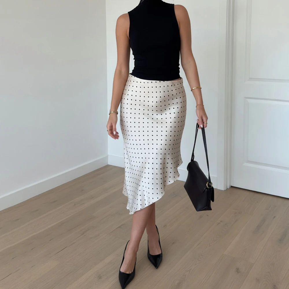 Talenza Elegant Satin Maxi Skirt Women's Fashion High Waist Polka Dot Irregular Skirt Luxurious Party New Casual Women's Skirts