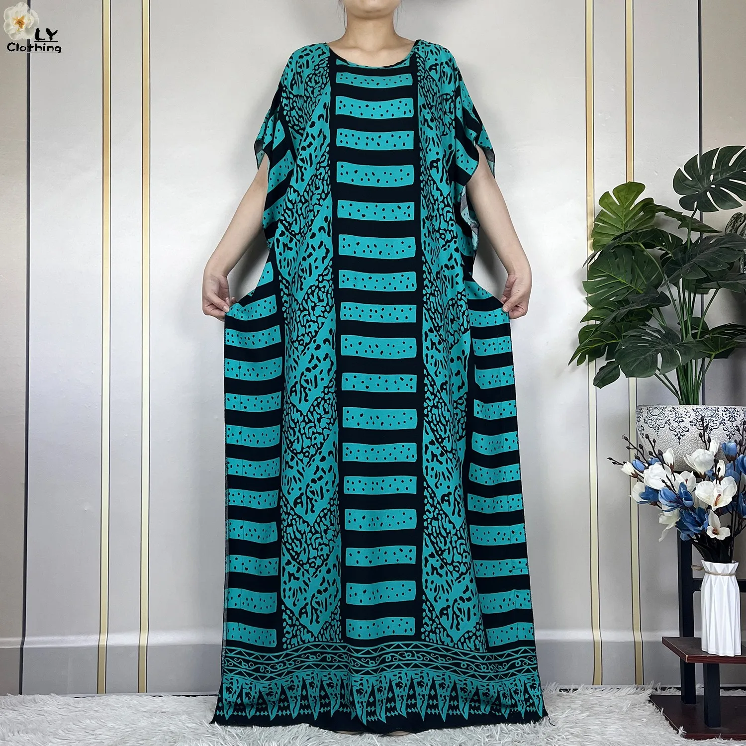 Latest Summer Fashion Short Sleeve Dress With Big Scarf 2024 African Women Dashiki Printed Cotton Maxi Islam Casual Loose Abaya