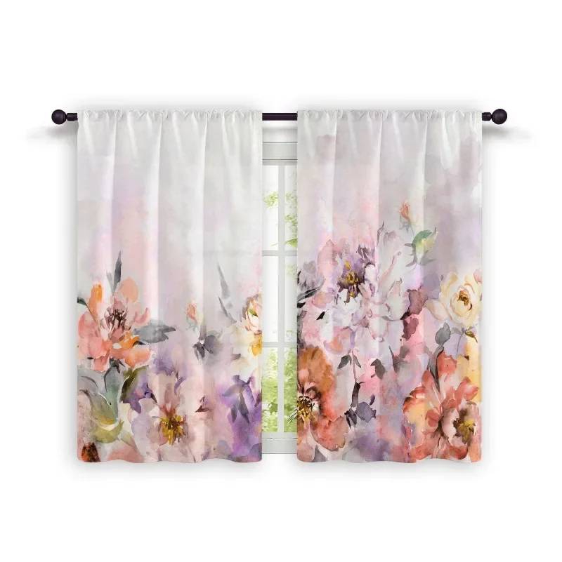 2 Pieces of Hot Selling Fresh Floral Curtains Semi-blackout Printed Short Curtains Home Decoration Living Room Kitchen Curtains