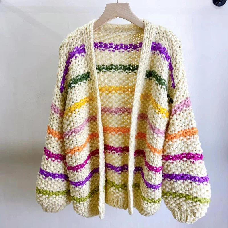 2023 Autumn/Winter New in Women Chunky Mohair Cardigan V-neck Rainbow Color Handmade Knit Striped Sweater Bohemian Style