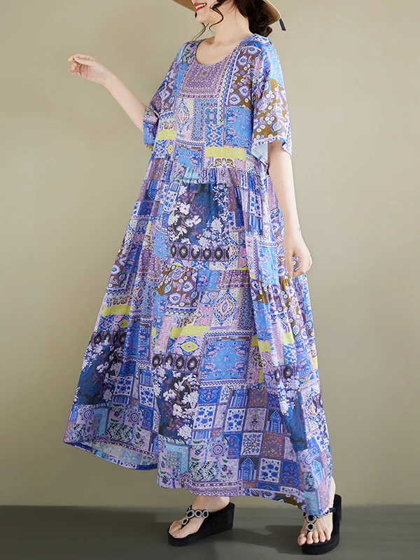 

Bohemian Casual Vacation Retro Print Loose round Neck Short Sleeve Maxi Dress Women's plus Size Cotton Summer Dress