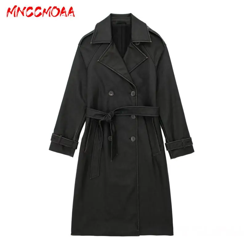 MNCCMOAA-Women's Loose Belt Button Trench Coat, Long Sleeve Pockets, Casual Outerwear, Female Fashion, Autumn, Winter, 2024