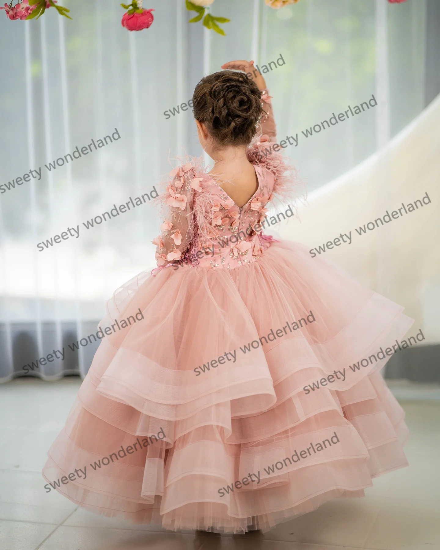 Vestidos De flores De hadas para niñas, manga larga, volantes escalonados, apliques florales, Vestido De Novia para niños, Vestido Formal para fiesta De cumpleaños