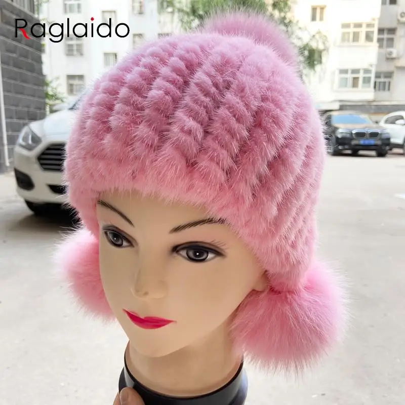

Kids Warm Winter Hats Natural Mink Fur Knitted Beanies 3 balls Stylish Outdoor Snow Earflap Hats