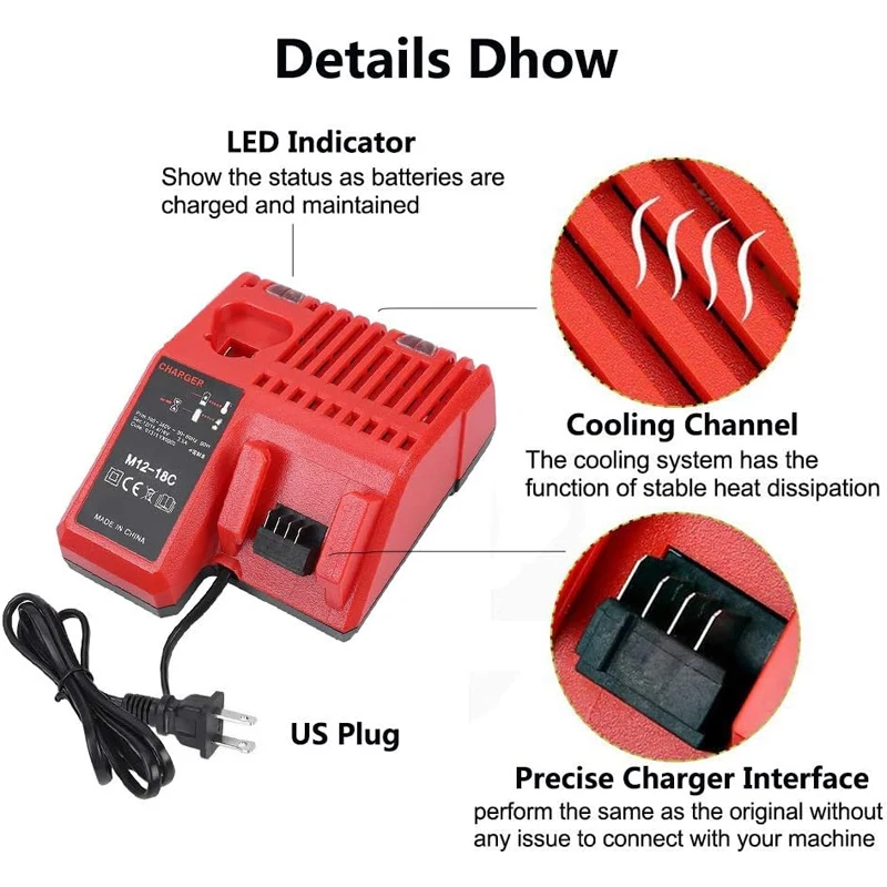 M12-18C Li-ion Battery Charger for Milwaukee 12 V 14.4V 18V C1418C 48-11-1815/1828/1840 M&18 M&14 M&12 Lithium Battery Charging