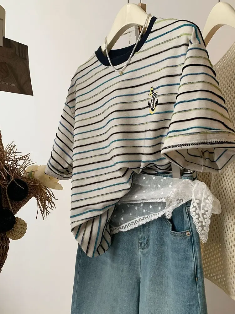 T-shirt Estiva da Donna Taglia Extra Large 300 Pou Anti-Invecchiamento con Ricamo a Righe Colorate