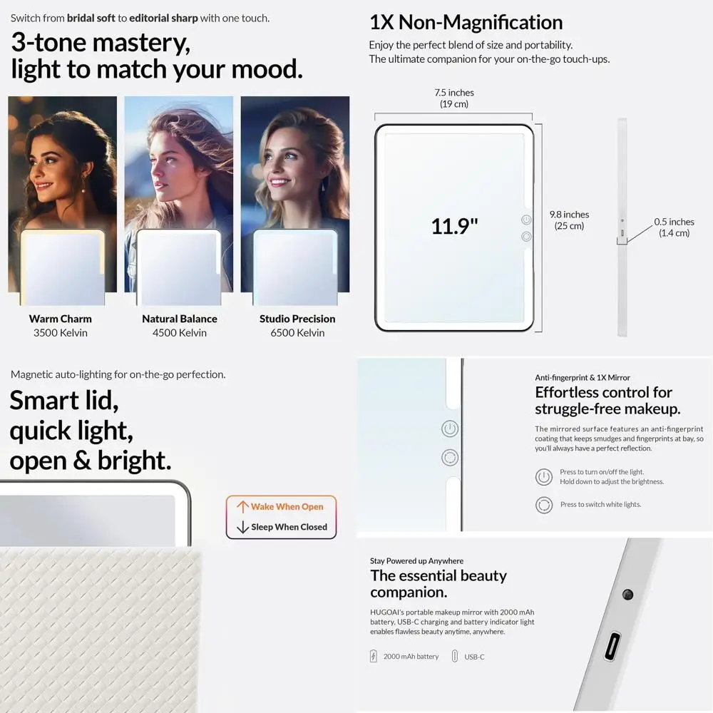 مرآة مكياج محمولة بإضاءة LED، 100 LED، قابلة لإعادة الشحن، قابلة للطي، 11.9، قوس قزح #1