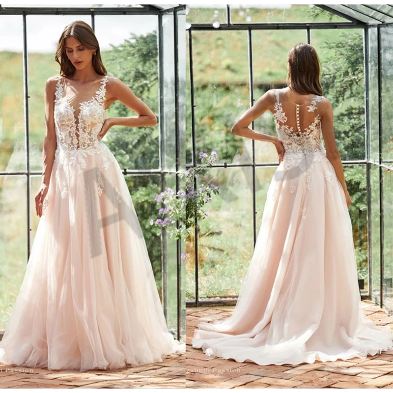 

Wedding Dress No Bra Ilusion O Neck Bleeveless A-Line Bride Vestido Appliques Tulle Formal Used Wedding Dress