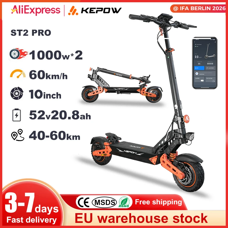 Hulajnoga elektryczna KEPOW ST2 Pro 1000Wx2 z podwójnym silnikiem, bateria 52V 20.8Ah, maksymalna prędkość 60 km/h, zasięg 40-60 km, 10-calowe opony terenowe, składana hulajnoga elektryczna dla