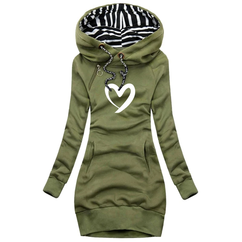 Fashion Heart Women Hoodie Dress Casual Long Sleeve Hooded Pullover Dress Lady Autumn Winter Streetwear Dress