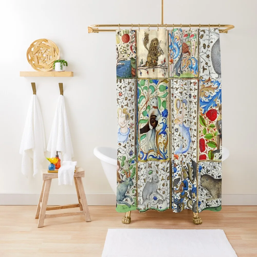 

WEIRD MEDIEVAL BESTIARY PLAYING MUSICAL INSTRUMENTS AMONG FLOWERS AND FRUITS Shower Curtain For Bathroom Curtain