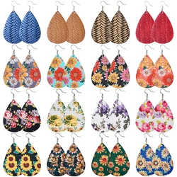 PU Leather Sunflower Print Leather For Women Girls Faux Rattan Pattern Leather Lightweight Teardrop Dangle Earrings Wholesale