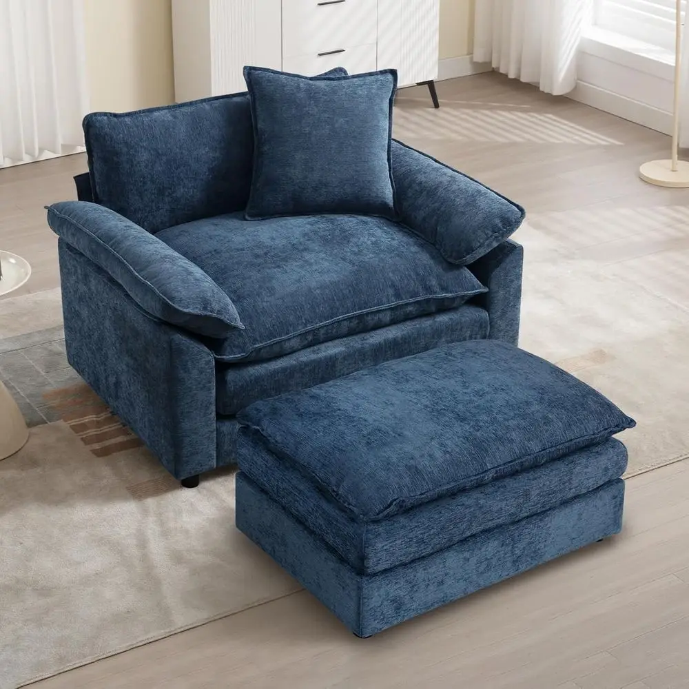 

Oversized Comfortable Chenille Accent Chair with Ottoman, Large Upholstered Armchair for Living Room and Bedroom, Deep Seat Loun