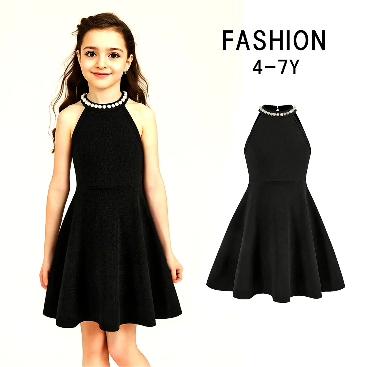 Girls Black Formal Dress with Pearl Collar Sleeveless A-Line Party Dress Elegant Wedding Guest Birthday Dress for Girls 4-7Y