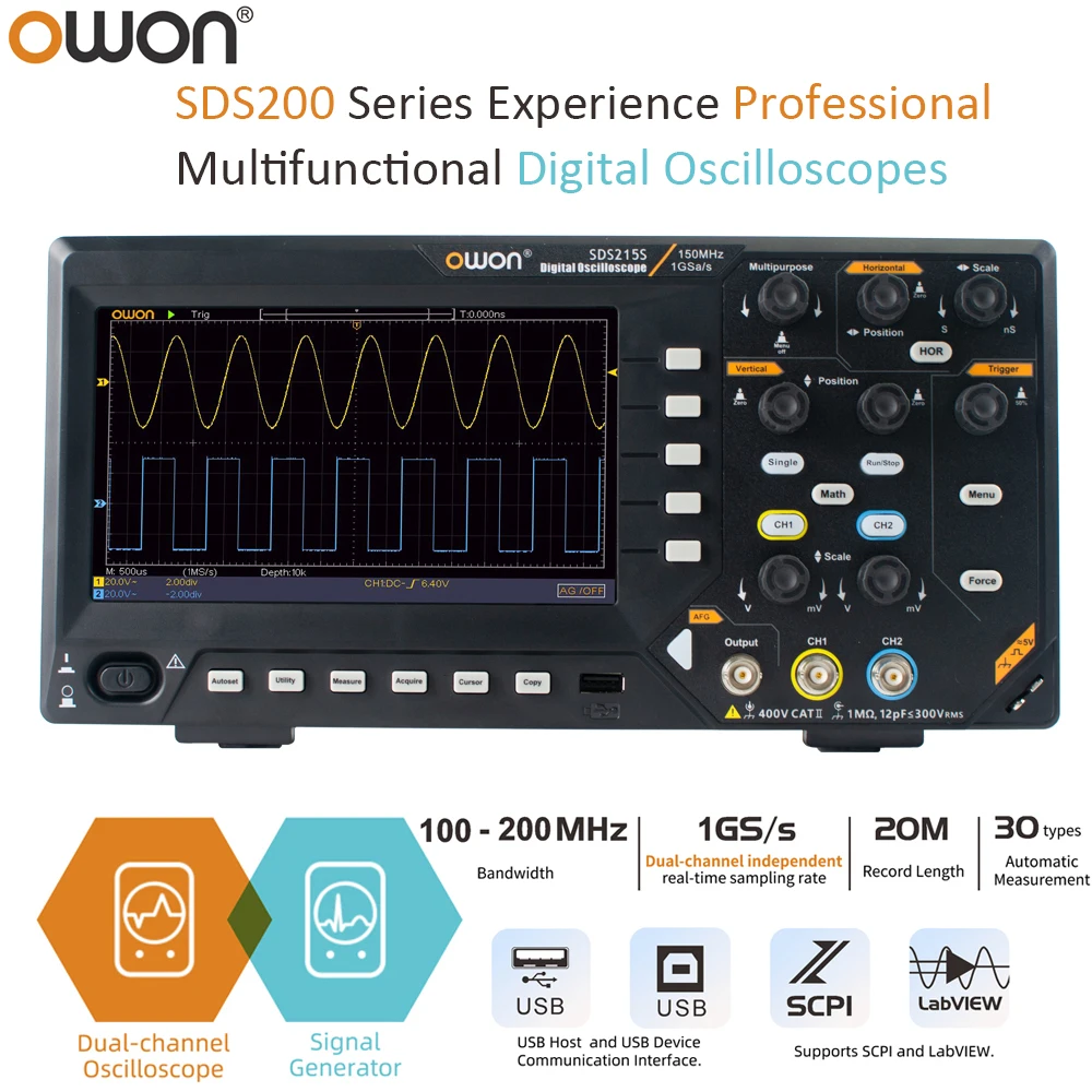 

Профессиональный цифровой осциллограф серии Owon SDS200, полоса пропускания 100-200 МГц, 2 канала, 25 МГц, генератор сигналов произвольной формы