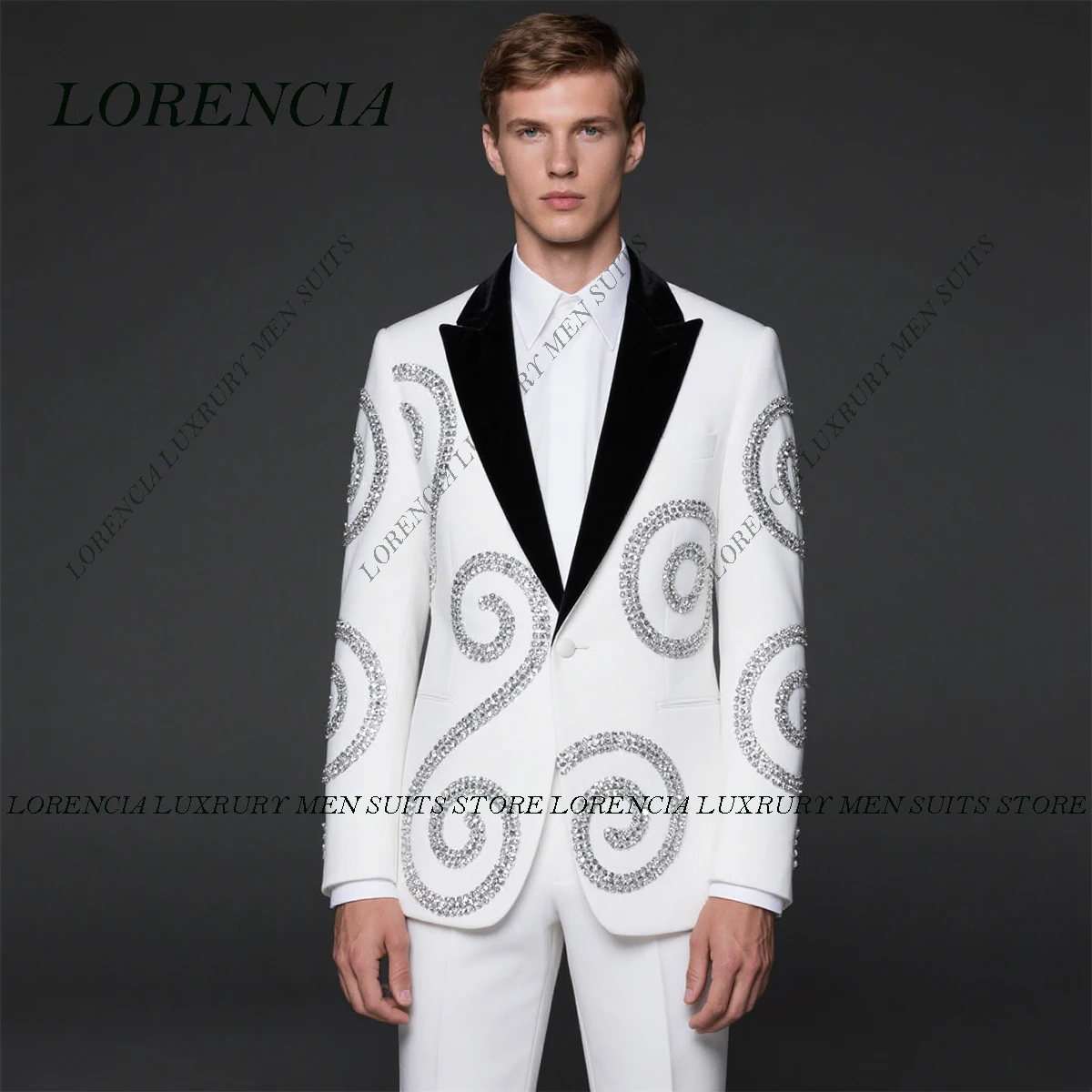 

Customized Glitter Ornament Men Suit 2 Pieces Sets Slim Fit Wedding Tuxedos Rhinestones Groom Male Blazers Formal Ropa hombre