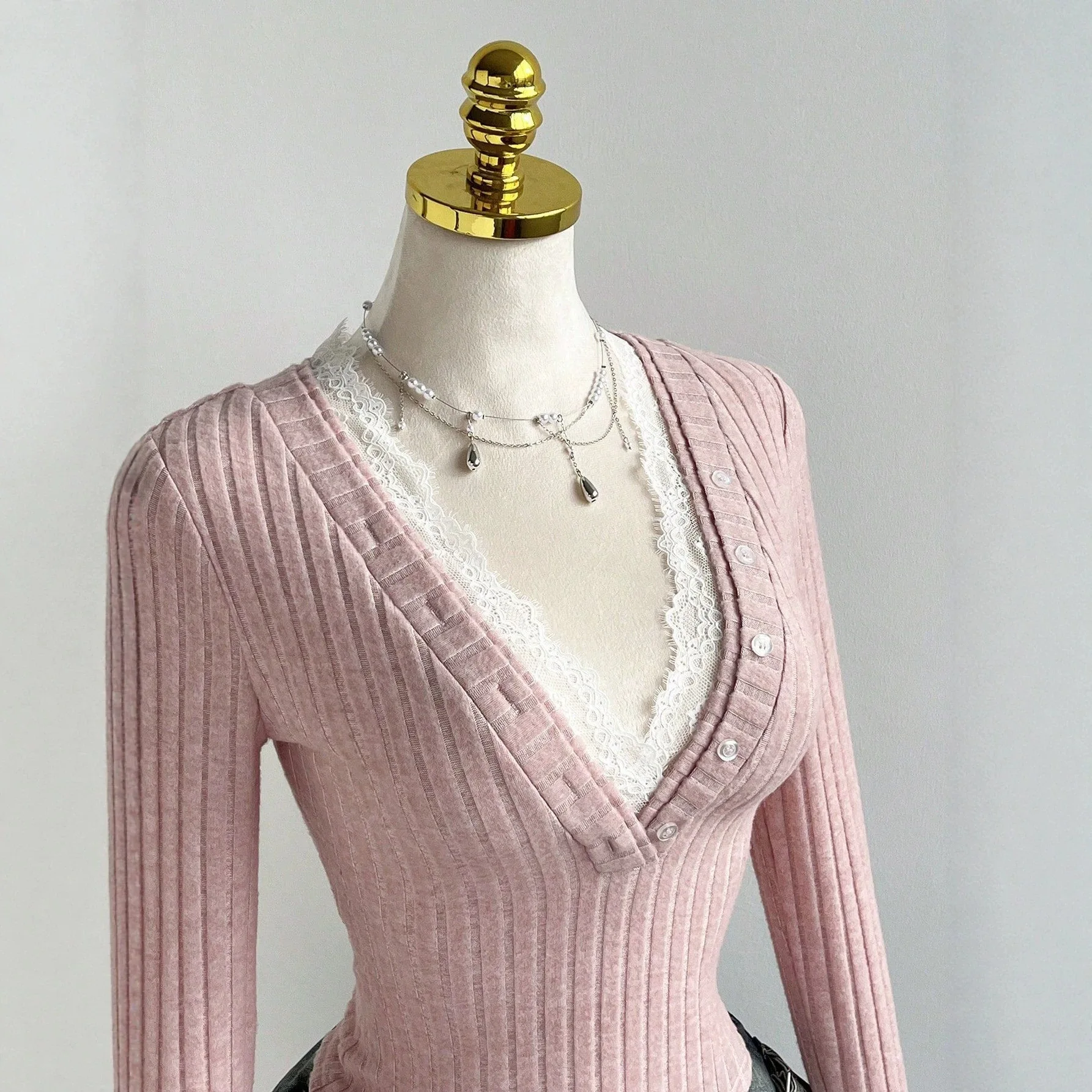 Slim Fit Long Sleeve T-Shirt Women's V-Neck Lace Patchwork Bell Bottoms Casual Wear Commute Style Korean Fashion Pure Color