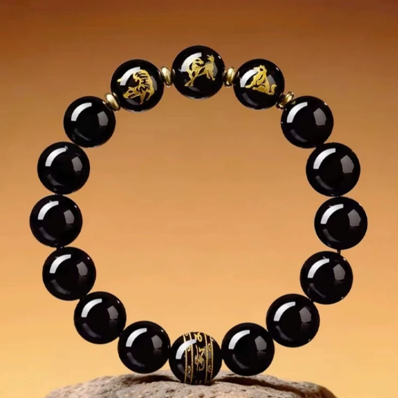 Natural Obsidian 2026 Year Of The Horse Feng Shui Sanhe Zodiac Lucky Bracelet Fortune Wealth Blessing Positive Energy Beaded Bra