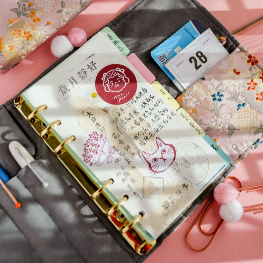 90Sheets Flower Cloth Notebook Chinese Style Blank Grid Loose-leaf Notebook Student Diary Stationery Office Notebook Stationery