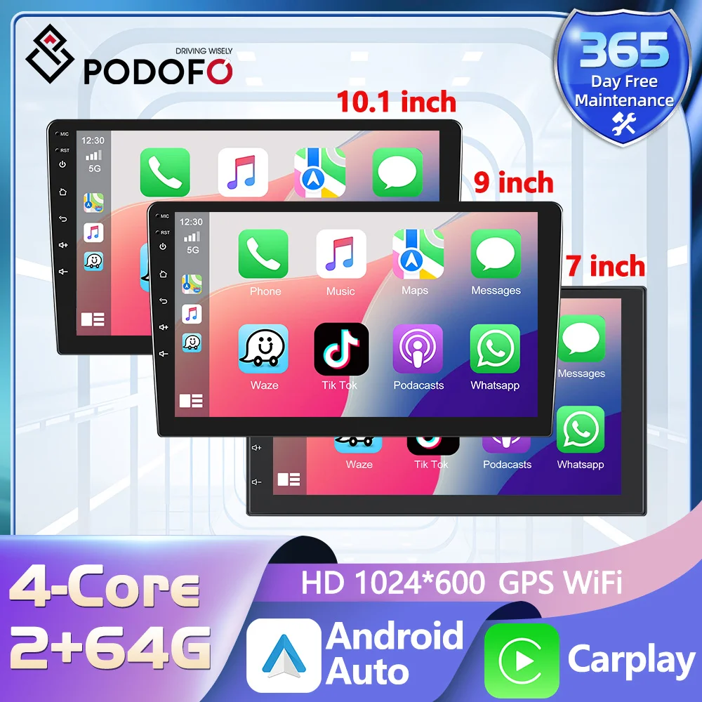 Podofo Android Carplay Android Auto Car Stereo Radio 7/9/10.1'' Car MP5 Player GPS Wifi Autoradio For Volkswagen Kia Toyota 64G