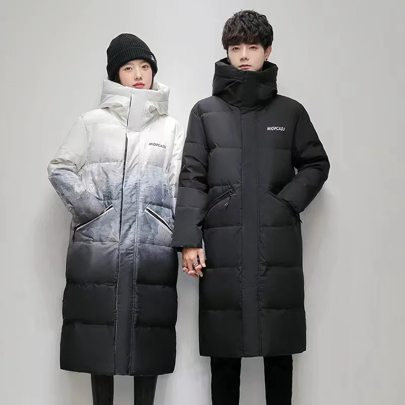 Fashionable Gradient Down Jacket Man and Woman Thickened Hooded White Duck Down Coat for Couples Winter Knee Length JK-969