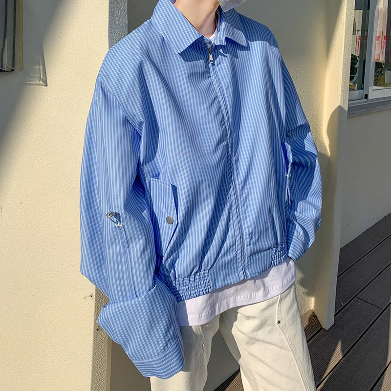 Blue Striped Short Pad Shoulder Men's Long Sleeve Shirt Summer Handsome High-End Korean Trendy Jacket Coat American Style