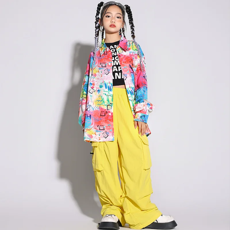 

Kid Hip Hop Clothing Long Sleeve Graffiti Shirt Yellow Casual Wide Pockets Cargo Pants for Girl Boy Jazz Dance Costume Clothes