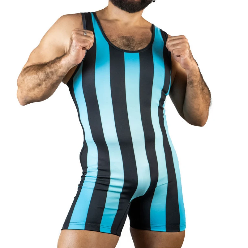 

Light Blue Vertical Stripes Wrestling Suit Wrestling Skinny Jumpsuit Leotard Sleeveless Bodysuit WeightLifting Gymnastic Outfit