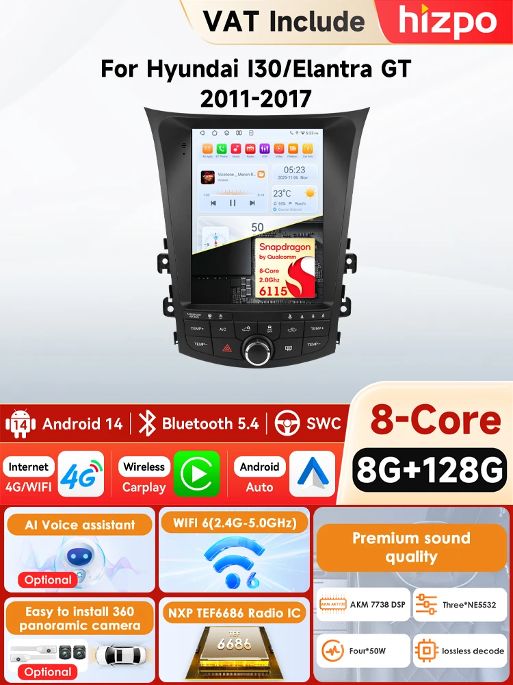 9.7'' autoradio multimediaspeler stereo GPS DSP Android 15 Carplay Auto QLED AI voor Hyundai I30 Elantra GT 2011 - 2017 Qualcomm - afbeelding 2
