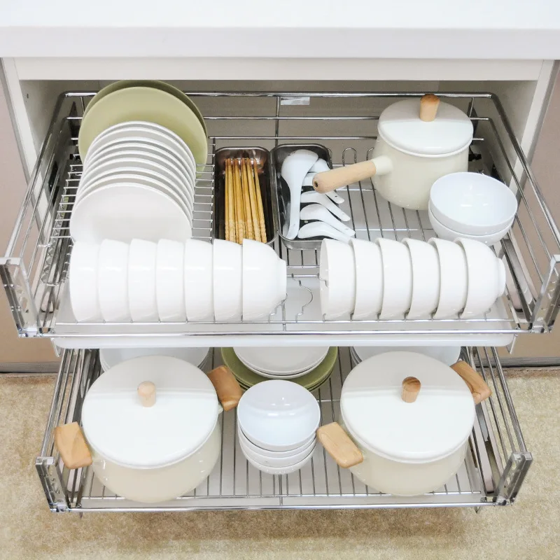 Basket Stainless Steel Kitchen Cabinet Basket Drawer Bowl Rack Seasoning Rack Dishes Damping Triple